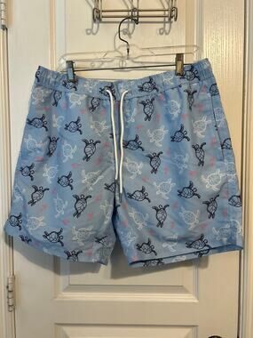 Blue Printed Swim Trunks Mens Drawstring